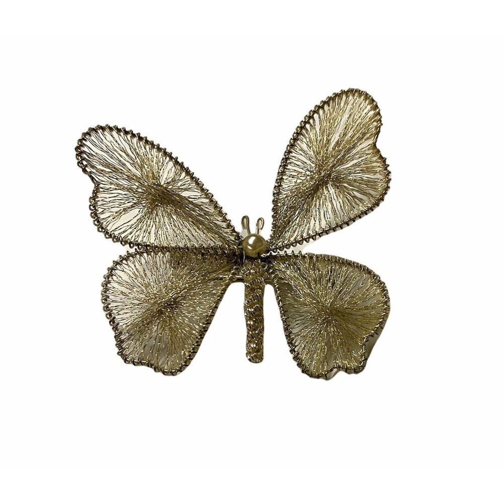Vintage Butterfly Silver Tone Wire And Delicate Silvery Thread Brooch 3D